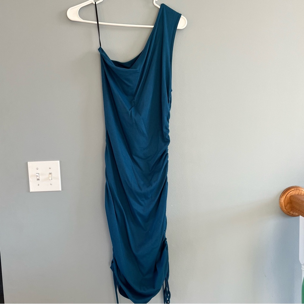 Teal One-Shoulder Dress with drawstring sides- like new